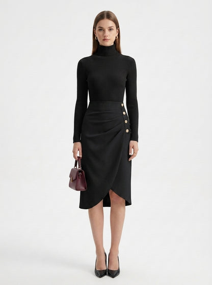 LadyLuxury | Asymmetrical Draped Midi Skirt - Parisian Chic High-Waisted Wrap Skirt