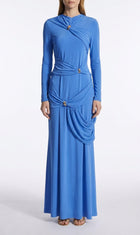 LadyLuxury | Draped Surrealist Maxi Dress with Gold Hardware - Elegant Long Sleeve Gown