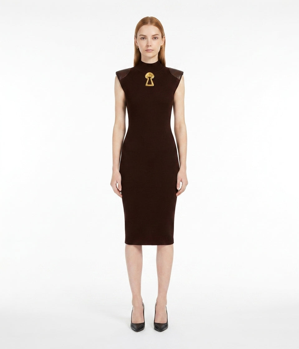 LadyLuxury | Architectural Neo-Noir Midi Bodycon Dress with Faux-Leather Accents