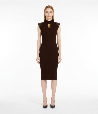 LadyLuxury | Architectural Neo-Noir Midi Bodycon Dress with Faux-Leather Accents