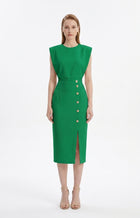 LadyLuxury | Sleeveless Button-Split Sheath Dress - Elegant Minimalist Office Midi
