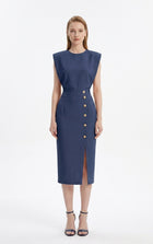 LadyLuxury | Sleeveless Button-Split Sheath Dress - Elegant Minimalist Office Midi
