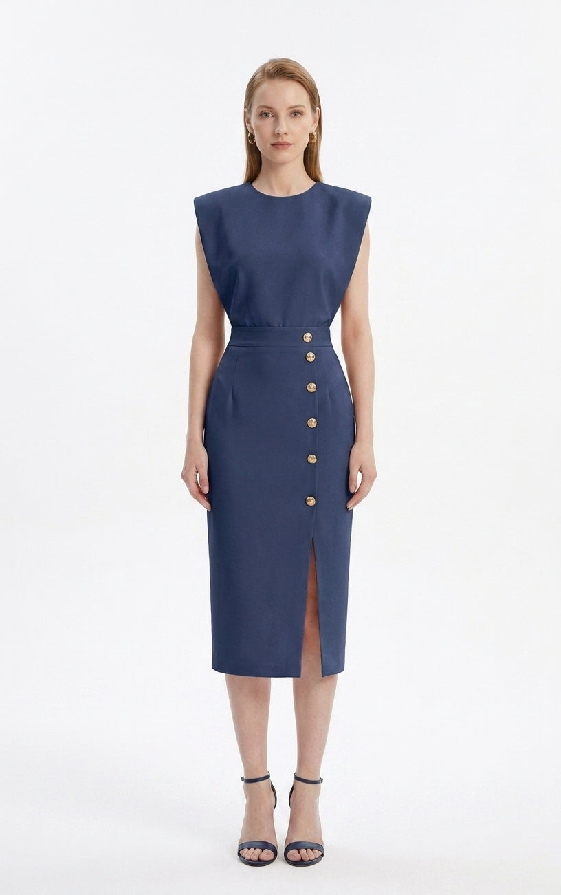 LadyLuxury | Sleeveless Button-Split Sheath Dress - Elegant Minimalist Office Midi