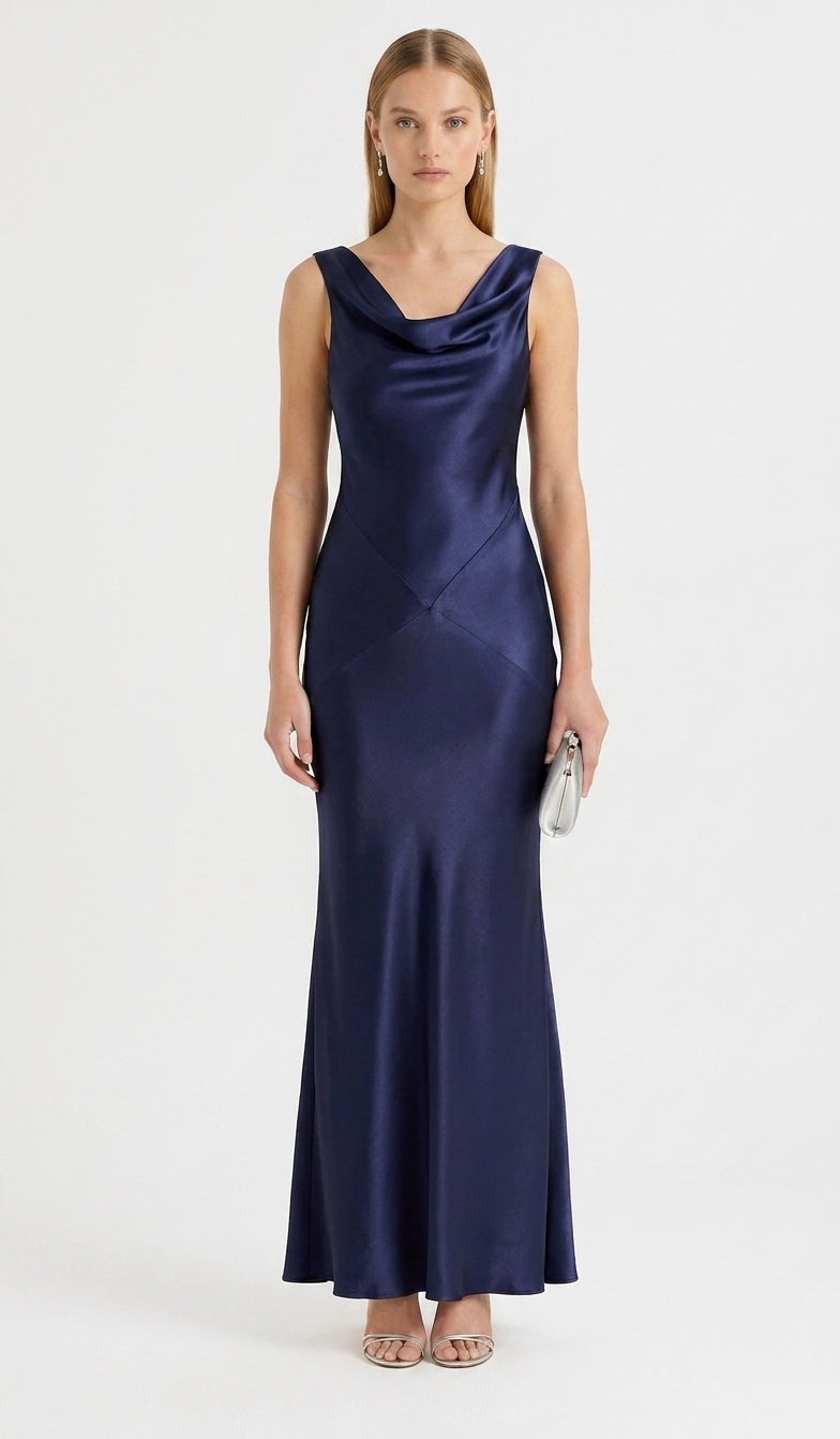LadyLuxury | Sleeveless Satin Cowl Neck Maxi Dress - Elegant Floor-Length Evening Gown