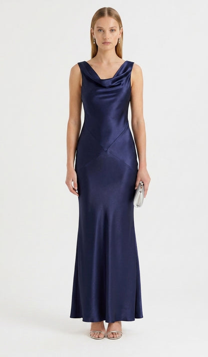 LadyLuxury | Sleeveless Satin Cowl Neck Maxi Dress - Elegant Floor-Length Evening Gown