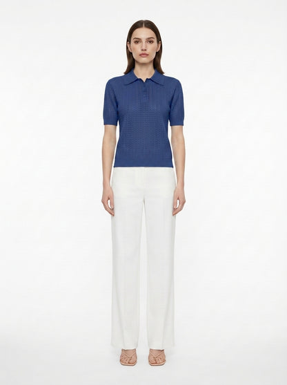 LadyLuxury | Pointelle Knit Polo - Short Sleeve Cotton-Blend Summer Sweater