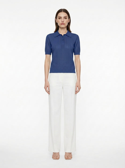 LadyLuxury | Pointelle Knit Polo - Short Sleeve Cotton-Blend Summer Sweater