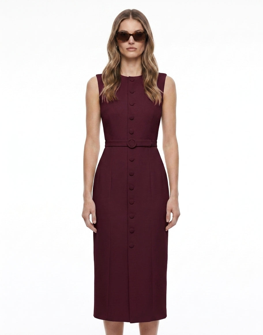 LadyLuxury | Elegant Sleeveless Belted Midi Dress - Single-Breasted Tailored Fit