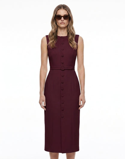 LadyLuxury | Elegant Sleeveless Belted Midi Dress - Single-Breasted Tailored Fit