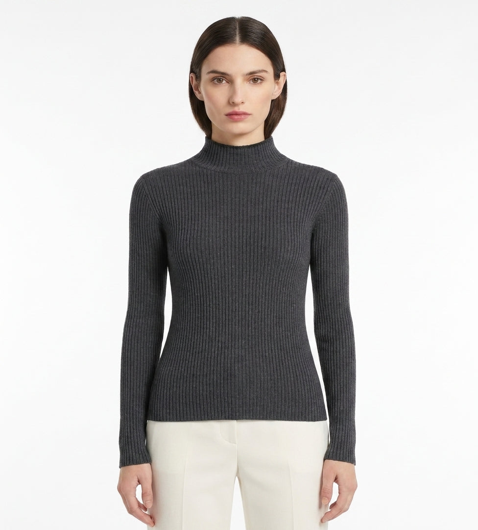 LadyLuxury | Two-Tone Ribbed Knit Turtleneck Sweater - Elegant Slim Fit Pullover