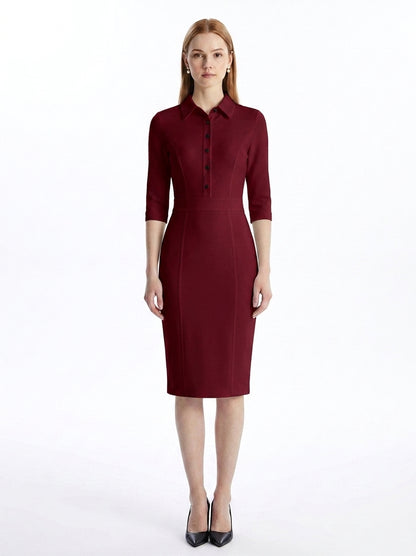 LadyLuxury | Elegant Waist-Cinching Midi Dress - Long Sleeve Minimalist Bodycon for Office & Evening