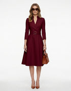 LadyLuxury | Elegant V-Neck Belted Midi Dress - A-Line Waist Cinched Long Sleeve Dress