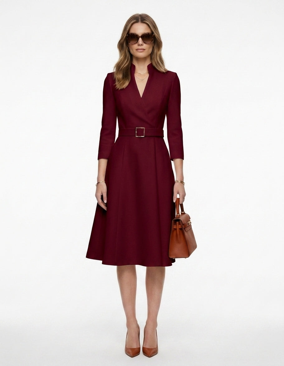 LadyLuxury | Elegant V-Neck Belted Midi Dress - A-Line Waist Cinched Long Sleeve Dress