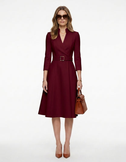 LadyLuxury | Elegant V-Neck Belted Midi Dress - A-Line Waist Cinched Long Sleeve Dress