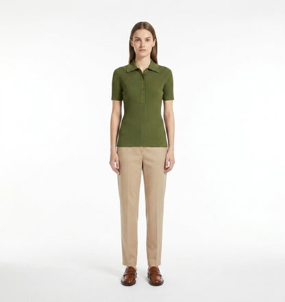 LadyLuxury | Slim Fit Ribbed Knit Polo Shirt - Classic Preppy Short Sleeve Top