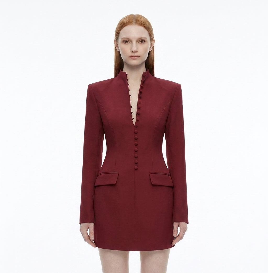 LadyLuxury | Modern Minimalist Blazer Dress - Structured Hourglass Suit Dress with Mandarin Collar