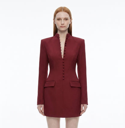 LadyLuxury | Modern Minimalist Blazer Dress - Structured Hourglass Suit Dress with Mandarin Collar