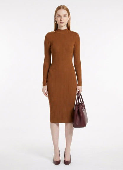 LadyLuxury | Parisian Knit Midi Dress - Elegant Ribbed Bodycon with Gold Button Detail