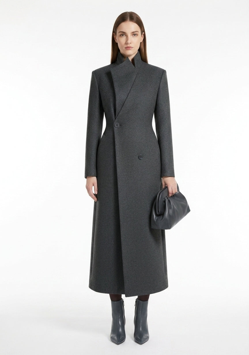 LadyLuxury | Architectural Wool Blend Long Coat - Structured Gray Overcoat