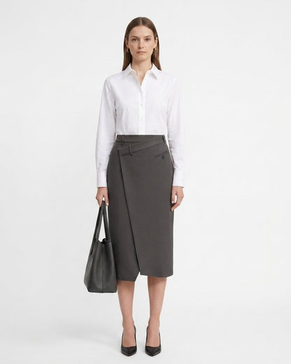 LadyLuxury | Minimalist Wrap A-Line Midi Skirt - Sophisticated Office Commuter Style