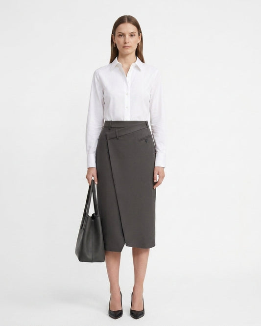 LadyLuxury | Minimalist Wrap A-Line Midi Skirt - Sophisticated Office Commuter Style