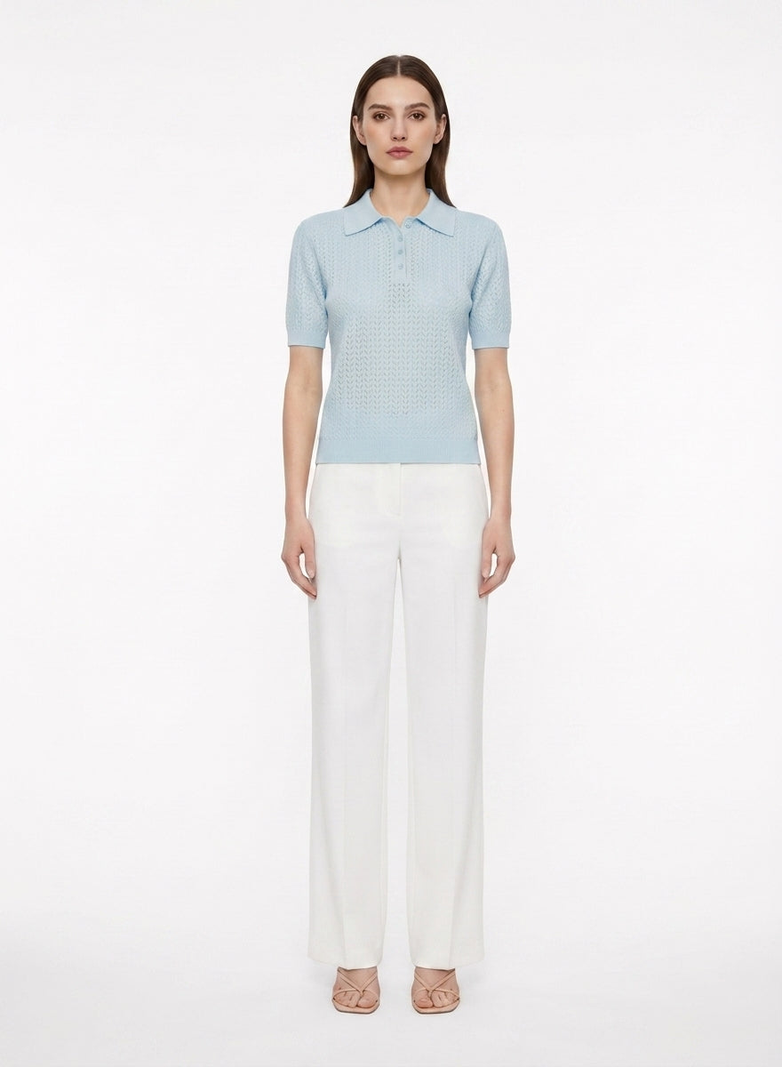 LadyLuxury | Pointelle Knit Polo - Short Sleeve Cotton-Blend Summer Sweater