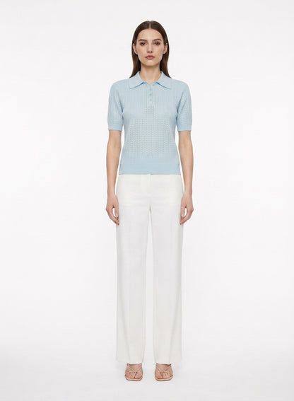 LadyLuxury | Pointelle Knit Polo - Short Sleeve Cotton-Blend Summer Sweater