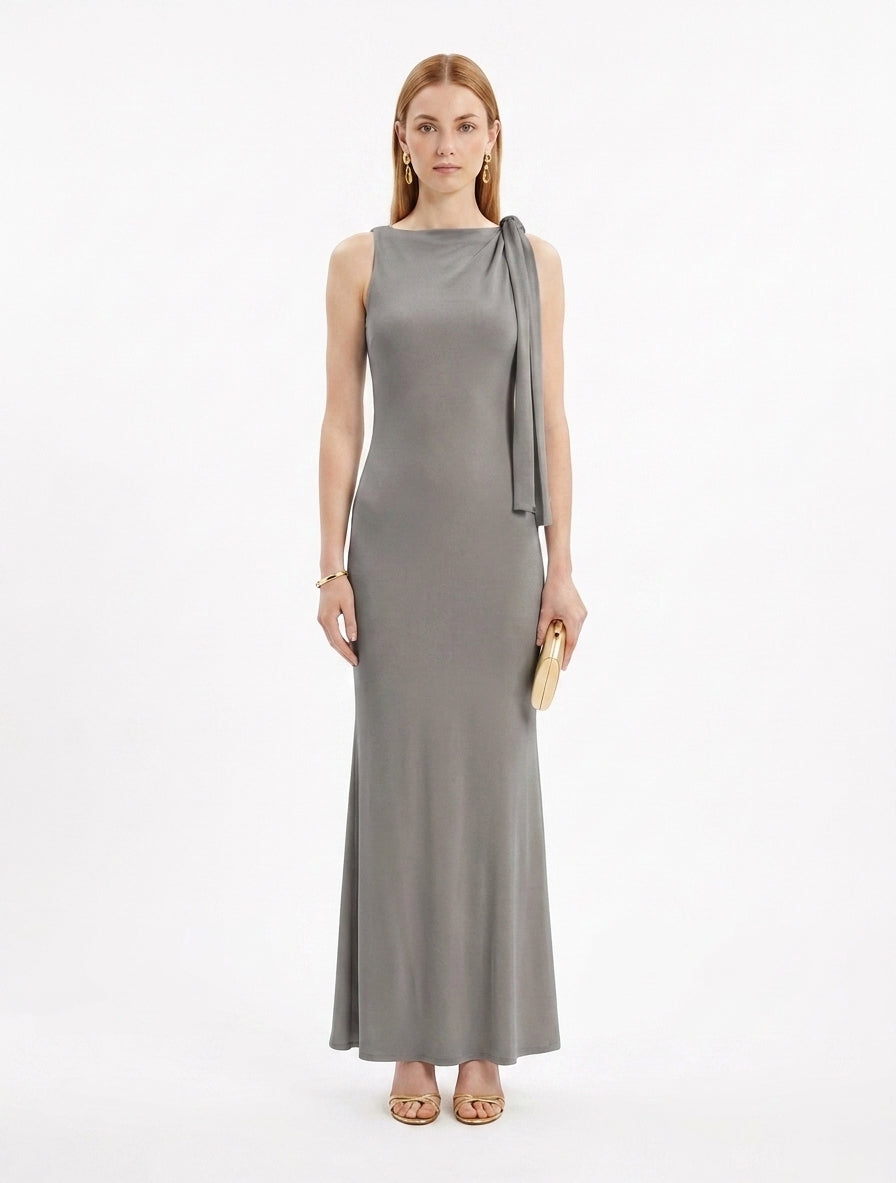 LadyLuxury | Sleek Draped Column Maxi Dress - Minimalist High Neck Evening Gown