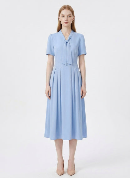 LadyLuxury | Elegant V-Neck Midi Dress with Bow Detail – Modern Romantic Summer Party A-Line Dress