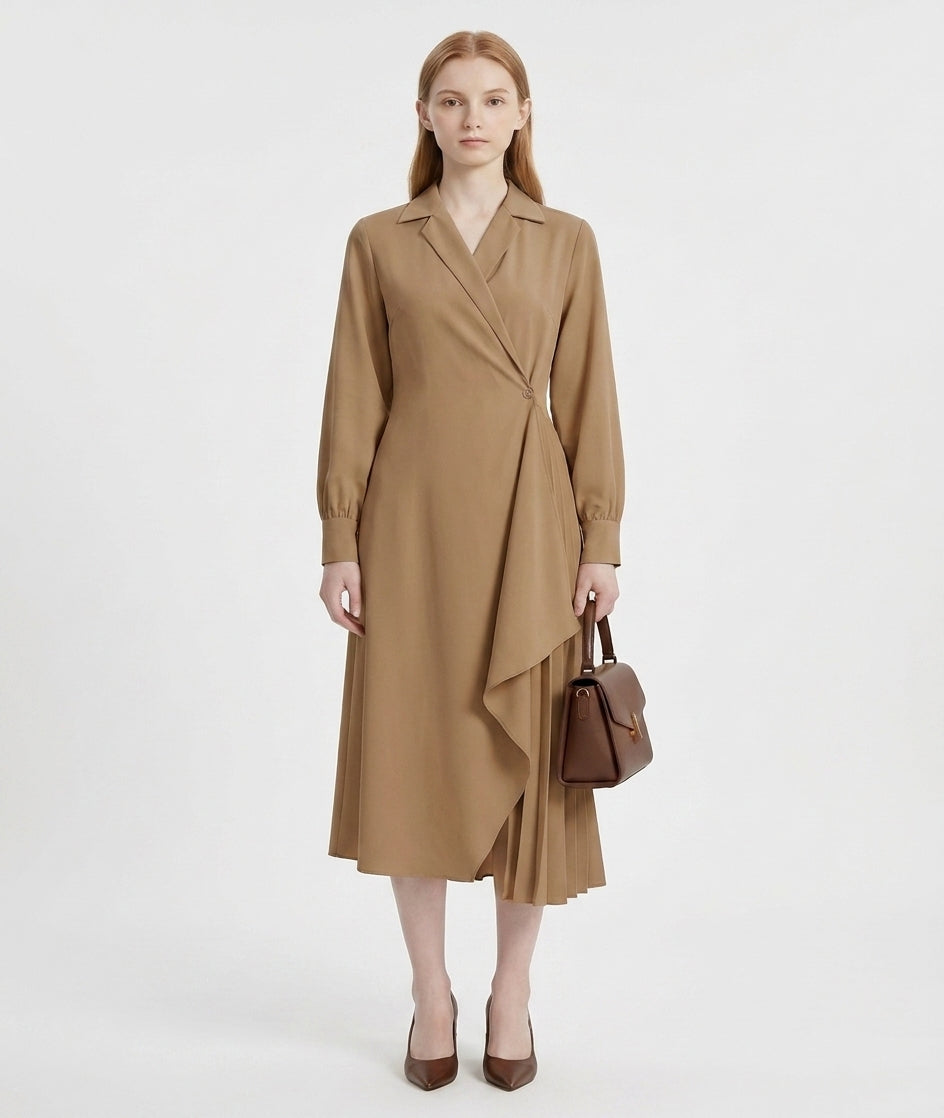 LadyLuxury | Elegant Pleated Shirt Dress with Retro Suit Collar for Office & Workwear