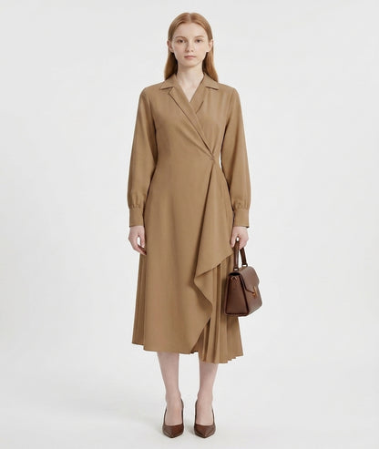 LadyLuxury | Elegant Pleated Shirt Dress with Retro Suit Collar for Office & Workwear