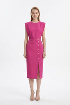 LadyLuxury | Sleeveless Button-Split Sheath Dress - Elegant Minimalist Office Midi