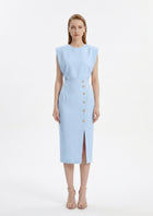 LadyLuxury | Sleeveless Button-Split Sheath Dress - Elegant Minimalist Office Midi