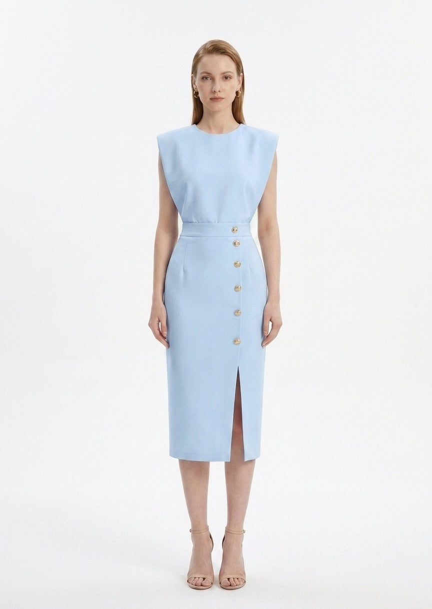 LadyLuxury | Sleeveless Button-Split Sheath Dress - Elegant Minimalist Office Midi