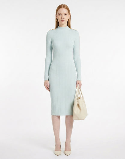 LadyLuxury | Parisian Knit Midi Dress - Elegant Ribbed Bodycon with Gold Button Detail