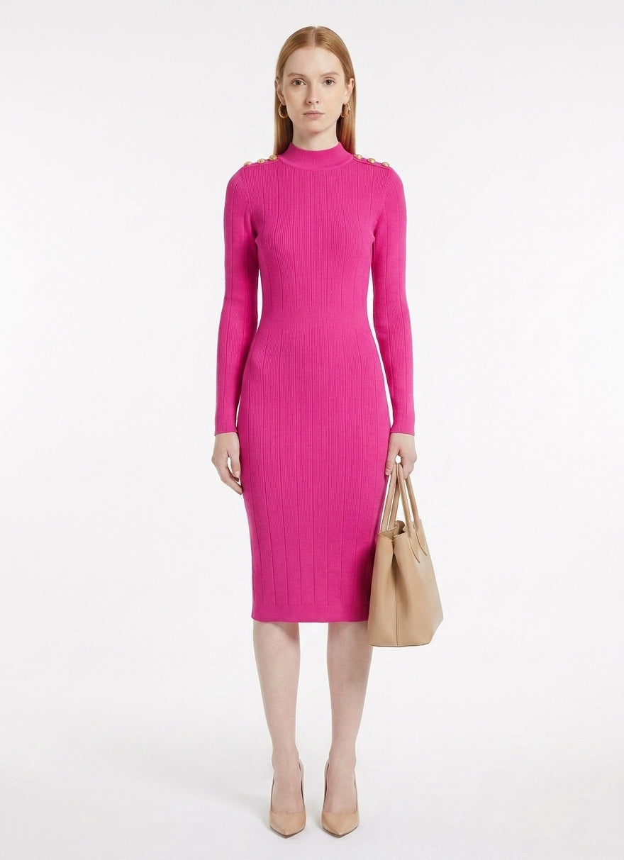 LadyLuxury | Parisian Knit Midi Dress - Elegant Ribbed Bodycon with Gold Button Detail