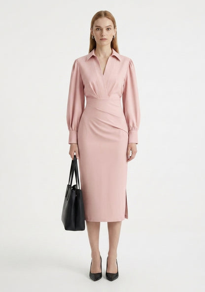 LadyLuxury | Modern Minimalist V-Neck Midi Dress - Elegant Cinched Waist Office Gown