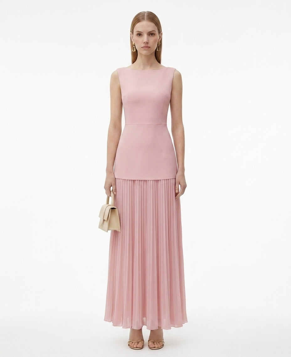 LadyLuxury | Patchwork Pleated Maxi Dress - Elegant Sleeveless Evening Gown