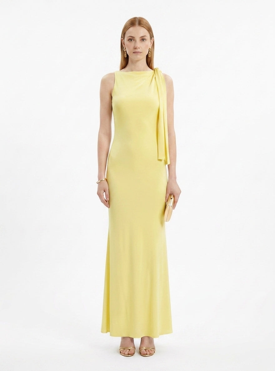 LadyLuxury | Sleek Draped Column Maxi Dress - Minimalist High Neck Evening Gown