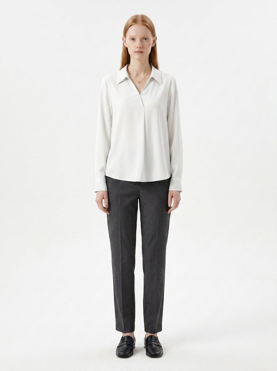 LadyLuxury | Minimalist V-Neck Long Sleeve Blouse - Parisian Chic Office Top
