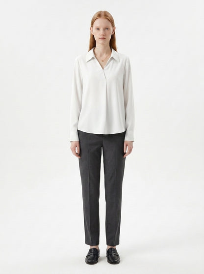 LadyLuxury | Minimalist V-Neck Long Sleeve Blouse - Parisian Chic Office Top