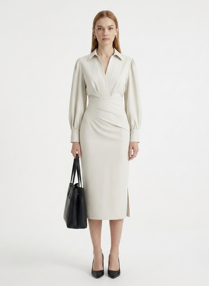 LadyLuxury | Modern Minimalist V-Neck Midi Dress - Elegant Cinched Waist Office Gown