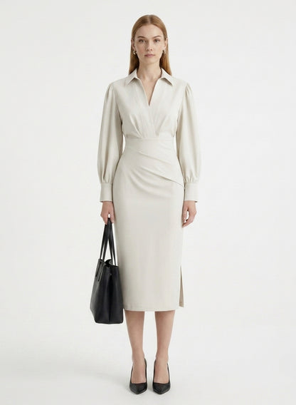 LadyLuxury | Modern Minimalist V-Neck Midi Dress - Elegant Cinched Waist Office Gown