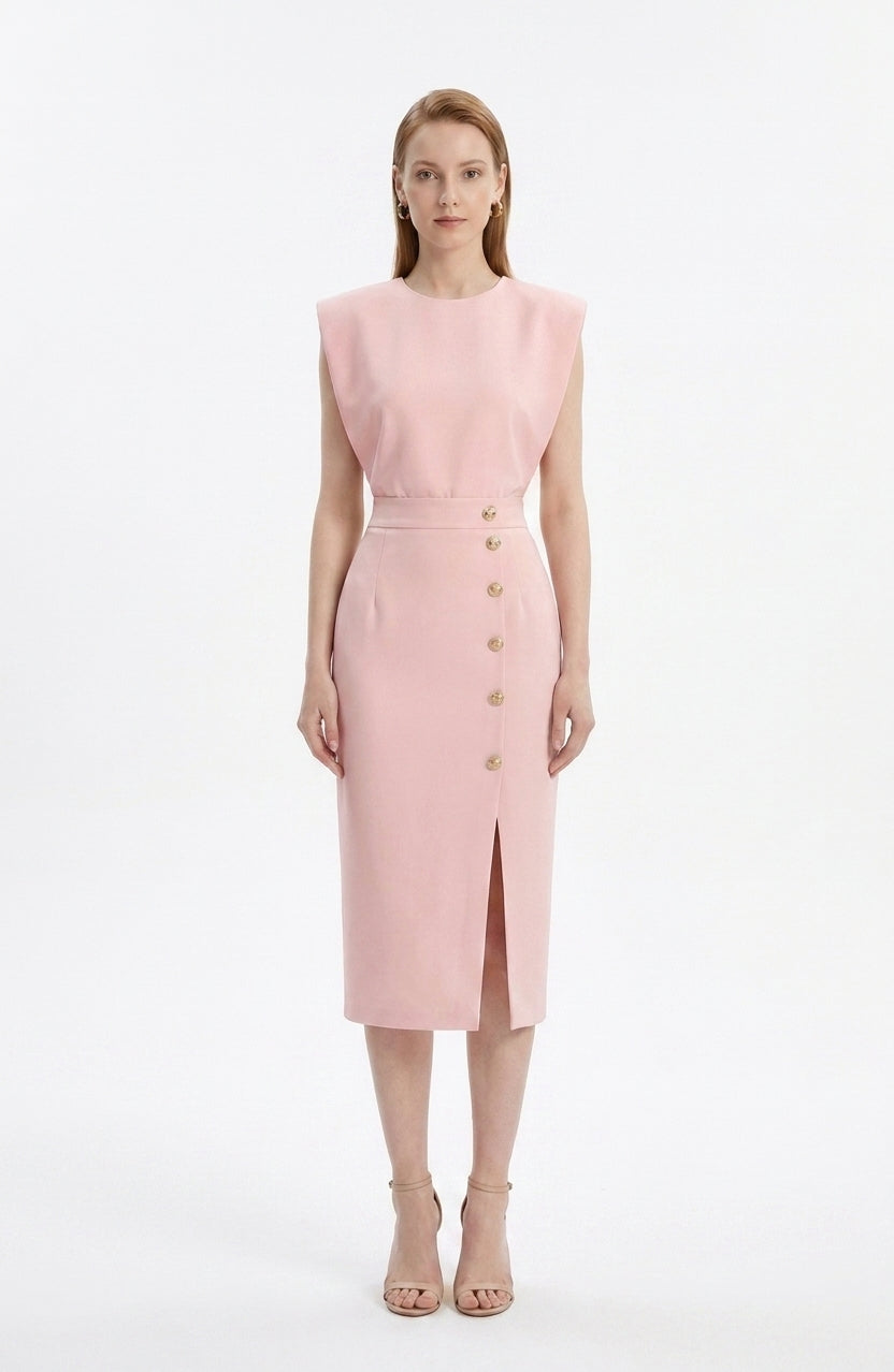 LadyLuxury | Sleeveless Button-Split Sheath Dress - Elegant Minimalist Office Midi