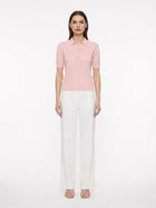 LadyLuxury | Pointelle Knit Polo - Short Sleeve Cotton-Blend Summer Sweater