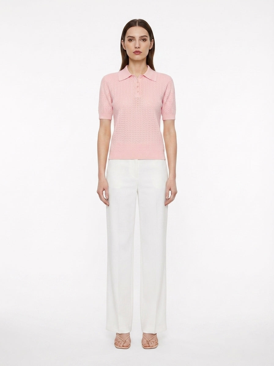 LadyLuxury | Pointelle Knit Polo - Short Sleeve Cotton-Blend Summer Sweater