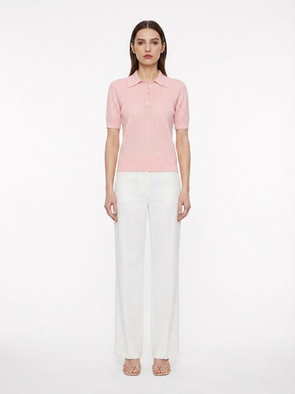 LadyLuxury | Pointelle Knit Polo - Short Sleeve Cotton-Blend Summer Sweater