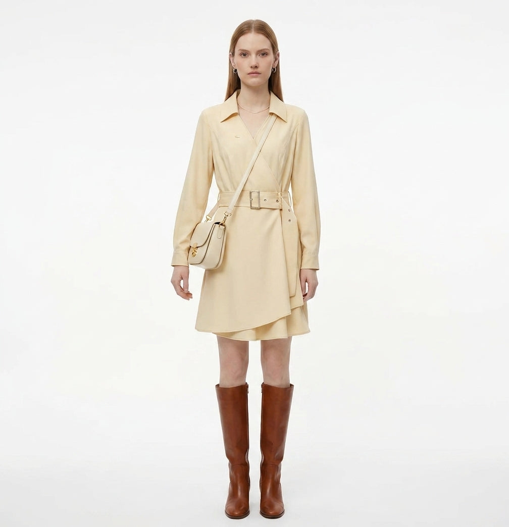 LadyLuxury | Office Chic Long Sleeve Wrap Midi Dress with Waist Tie