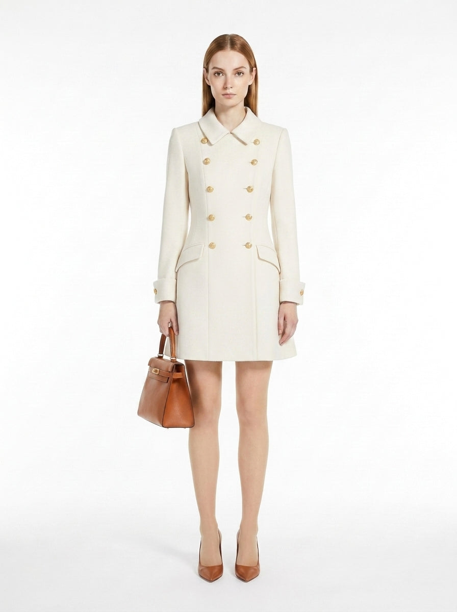LadyLuxury | Double-Breasted Mini Coat Dress with Gold Crest Buttons
