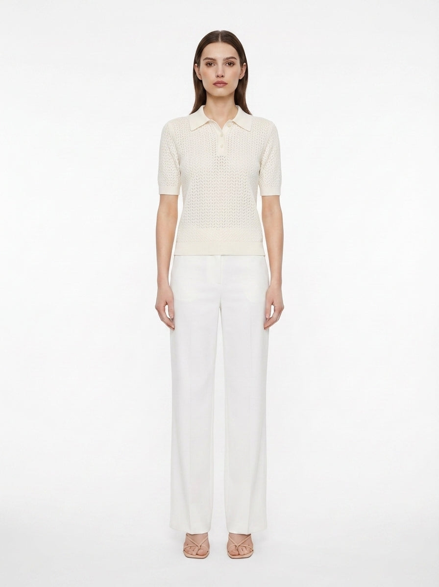 LadyLuxury | Pointelle Knit Polo - Short Sleeve Cotton-Blend Summer Sweater